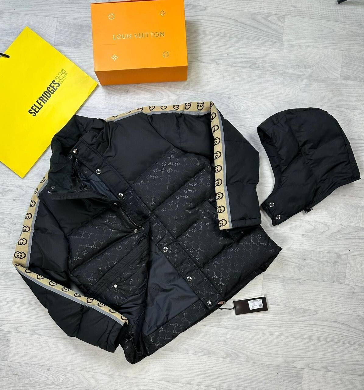 Gucci Hoodie Jacket Jacquard Nylon Padded Coat Comfort In Black & Navy Blue Colors