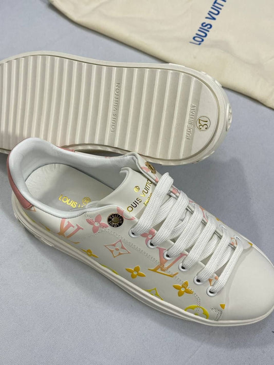 Louis Vuitton Women's Debossed Time Out Reps Trainers Sale UK	Woman First Copy Fake Replica Trainer Women Cheap Price Fakes Rep Sneakers 1st Copies Girls Luxury Calfskin Leather Shoes 1:1 LV Brand Logo 1 to 1 AAA Duplicate White Pink Yellow