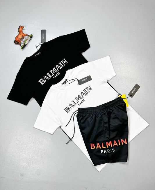 Balmain Paris Shorts Metallic Flocked Balmain T-Shirt Sets In Black & White